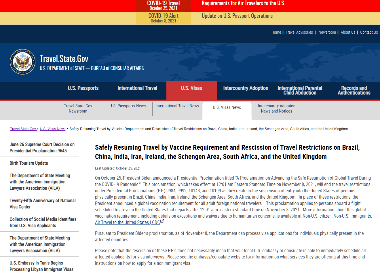 入境美國旅行以及恢復簽證發(fā)放的公告